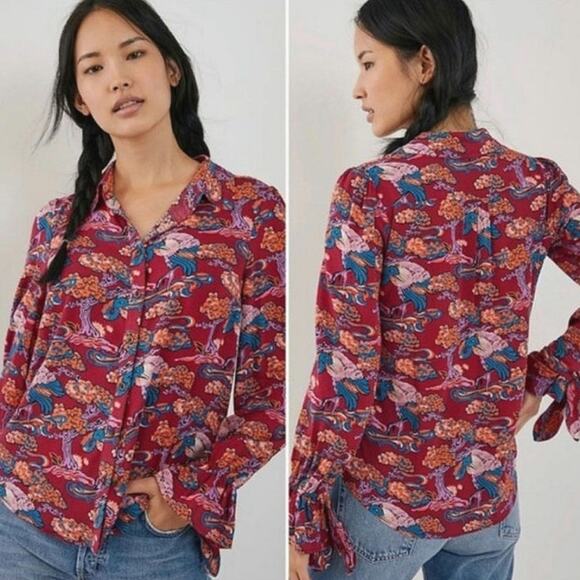 Anthropologie Maeve Bird Print Button Down Shirt Ruffle Tie Cuff  Boho Blouse 4 - Picture 14 of 16